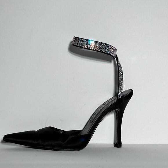 Sergio Rossi Swarovski Crystal Ankle Wrap High Heel Black Satin Shoe Sz 38 - Picture 6 of 15
